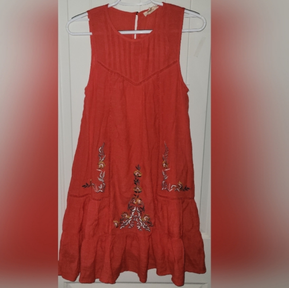 Entro Red Floral Embroidered Dress S Sleeveless Ruffle